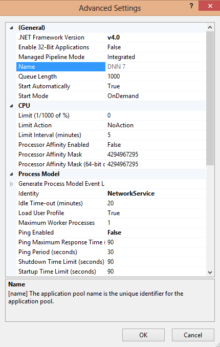 DNN 7 IIS application pool advanced settings