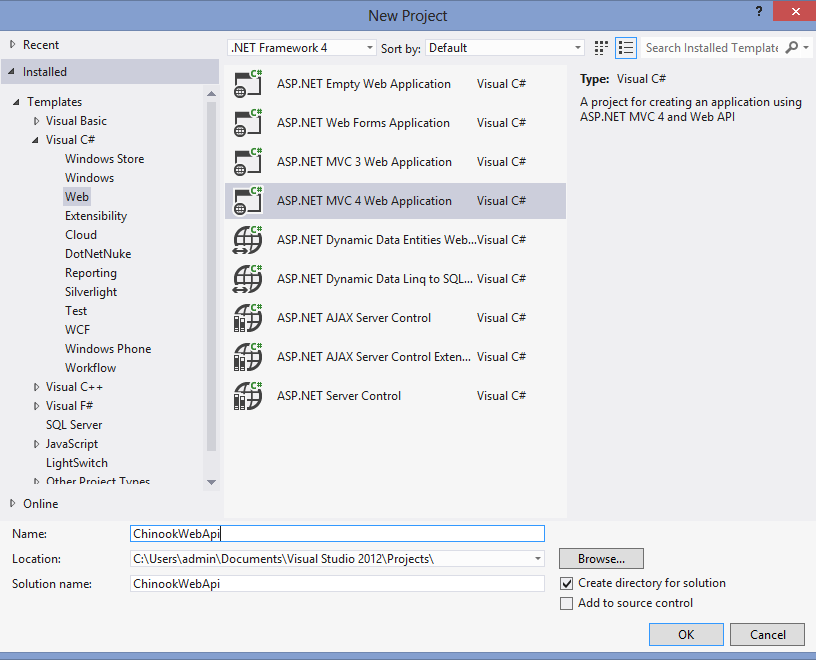 New ASP.NET MVC 4 Web Application - ChinookWebApi