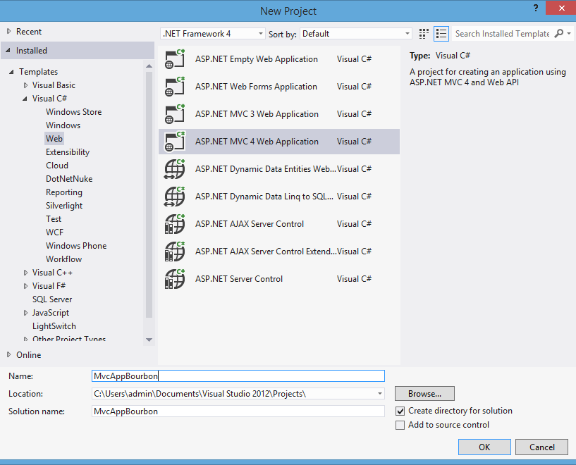 New ASP.NET MVC 4 Web Application – MvcAppBourbon