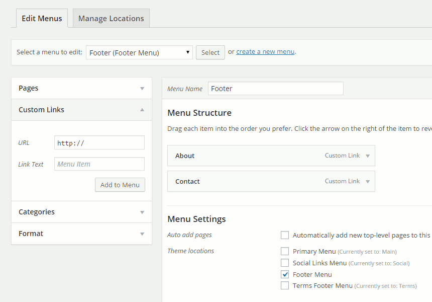 Footer menu edit screen