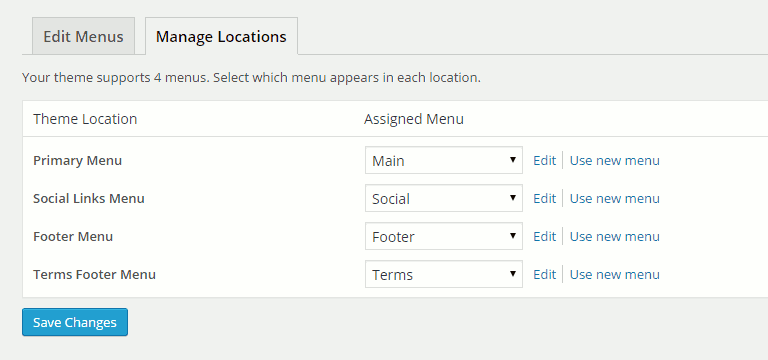 Terms footer menu edit screen