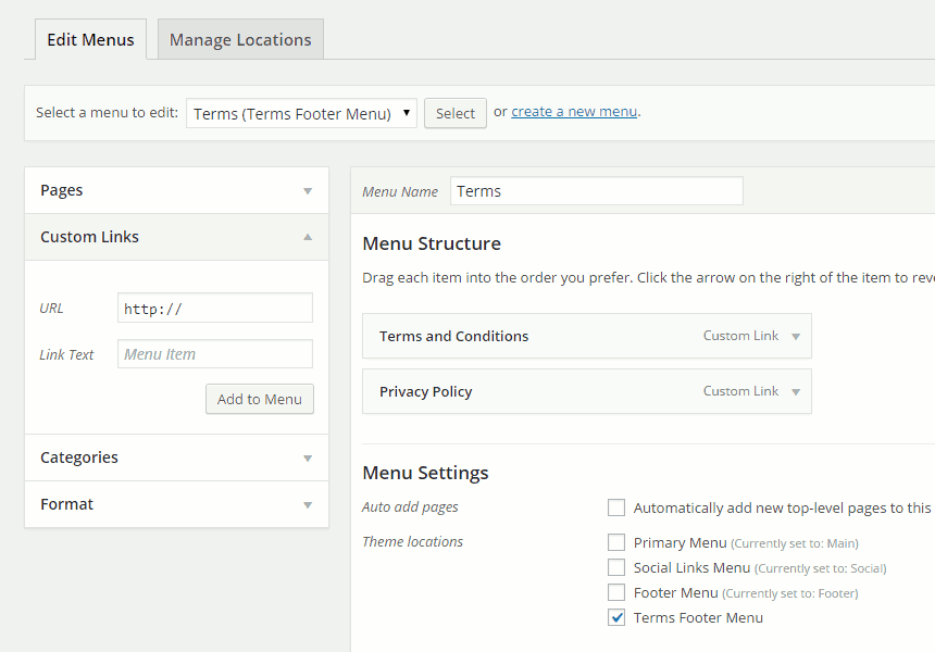 Terms footer menu edit screen