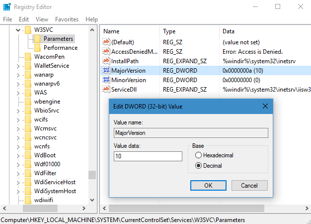Registry Editor - HKEY_LOCAL_MACHINE\SYSTEM\CurrentControlSet\Services\W3SVC\Parameters