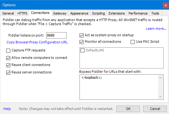 Fiddler - Tools - Options Screen