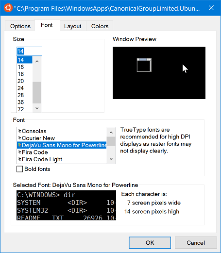 WSL Ubuntu bash font properties