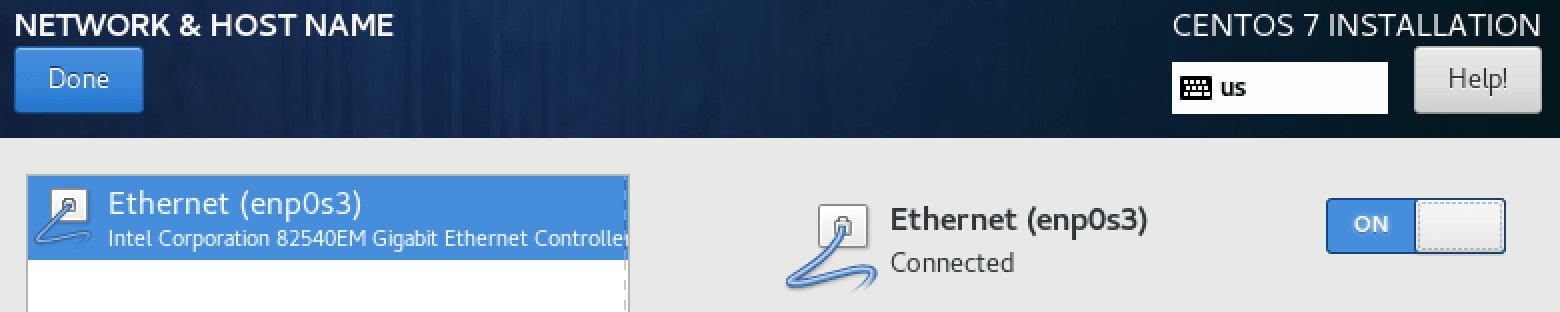 Ethernet Toggled to On | CentOS 7 Installation
