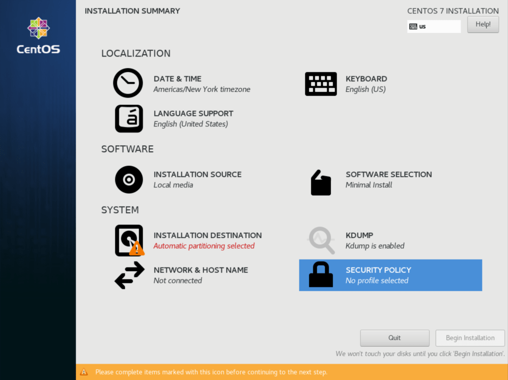 Security Policy selected on CentOS 7 Installation Summary screen