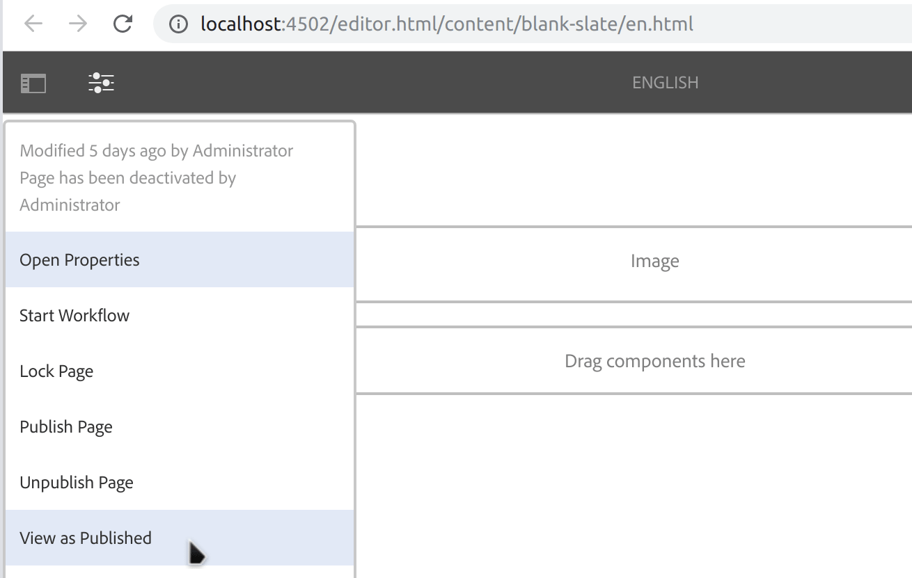 AEM editor.html/content/blank-slate/en.html Page Information > View as Published