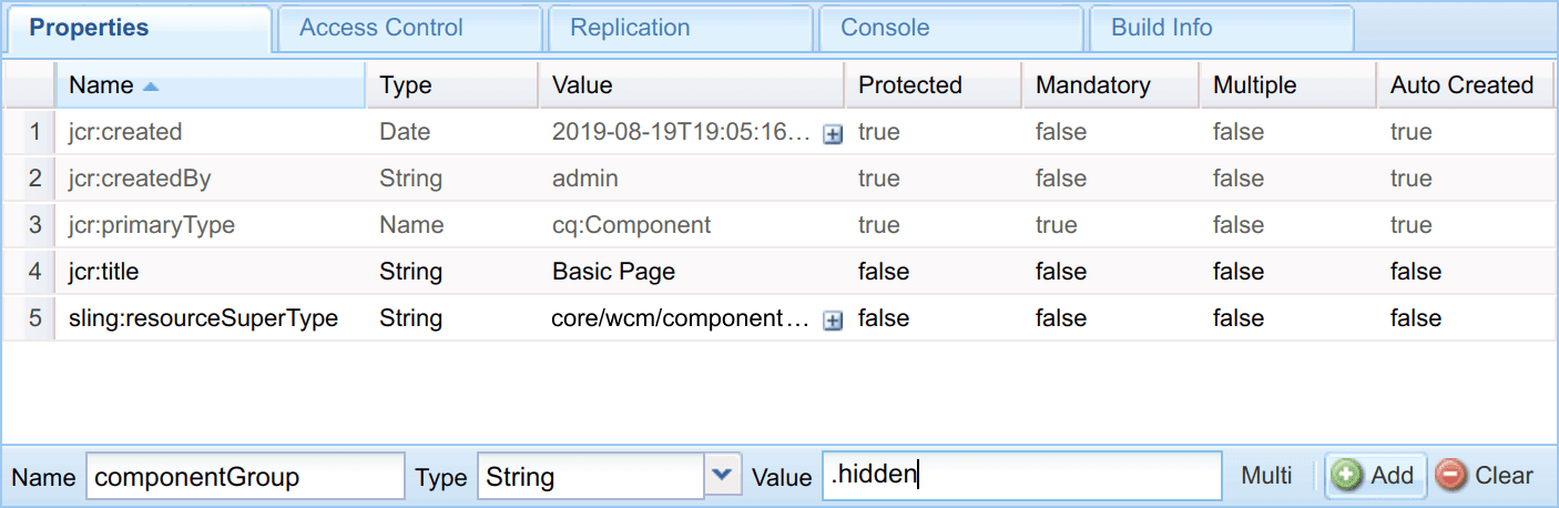 AEM CRXDE Lite | /apps/blankslate/components/basicpage Properties