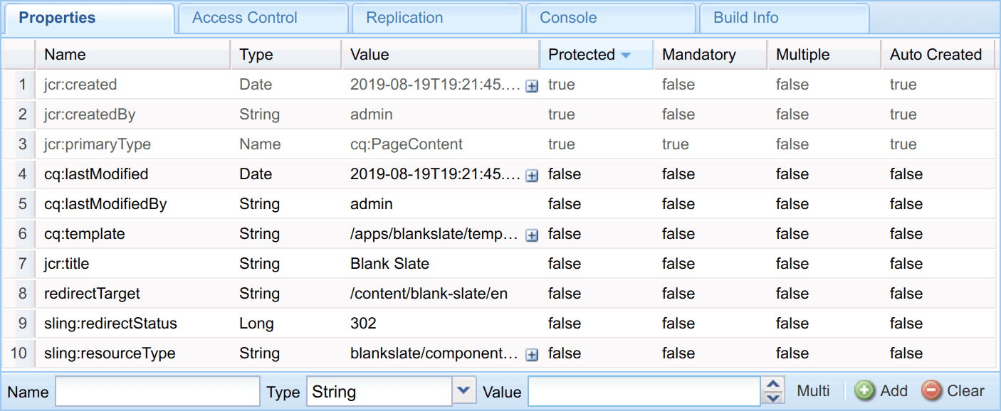 AEM CRXDE Lite | /content/blank-slate/jcr:content Properties