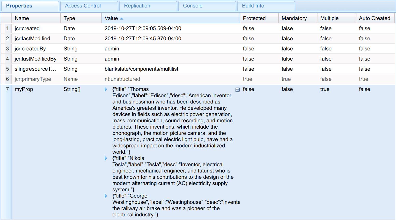 CRXDE Properties editor showing expanded String[] Multi value JSON