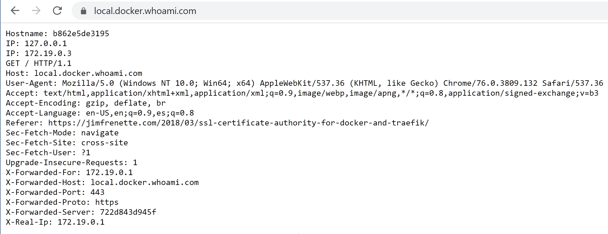 local.docker.whoami.com loaded on secure port 443 in Chrome