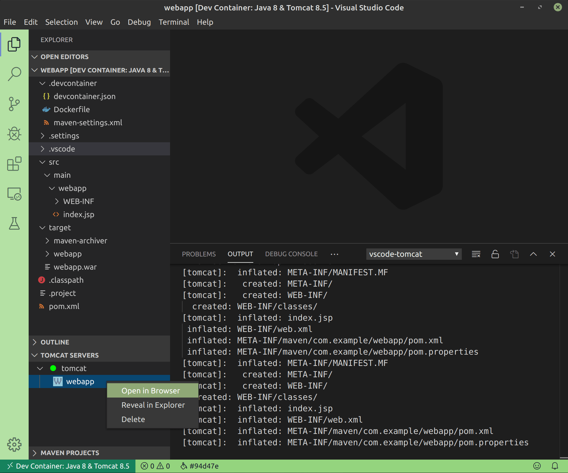 VS Code Dev Container Workspace with Java 8 & Tomcat 8.5 Server - webapp, Open in Browser context menu