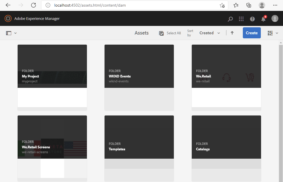 assets.html/content/dam folders in AEM's Touch UI interface