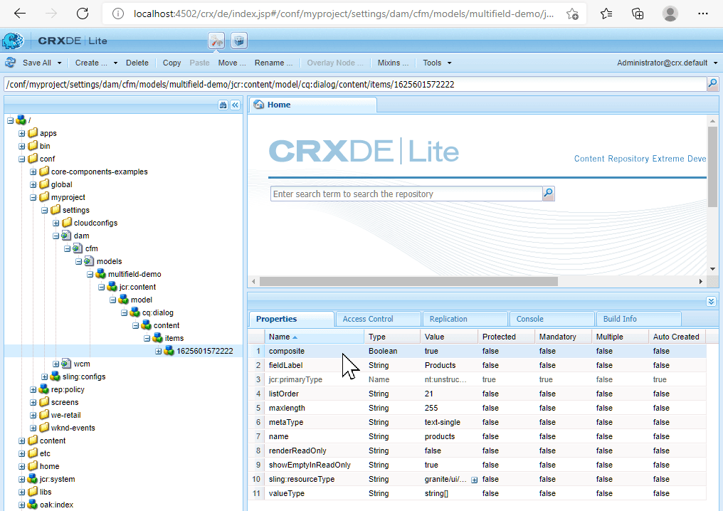 CRXDE multifield-demo Content Fragment Model field properties