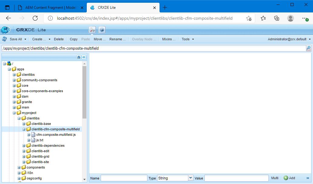 CRXDE cfm-composite-multifield cq:ClientLibraryFolder expanded to show contents