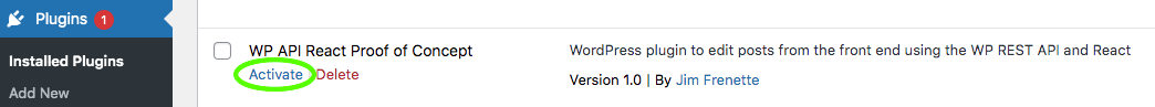Activate the WP API React Proof of Concept plugin