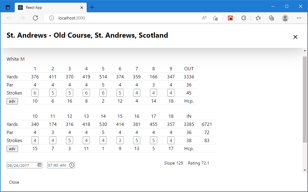 React golf scorecard entry